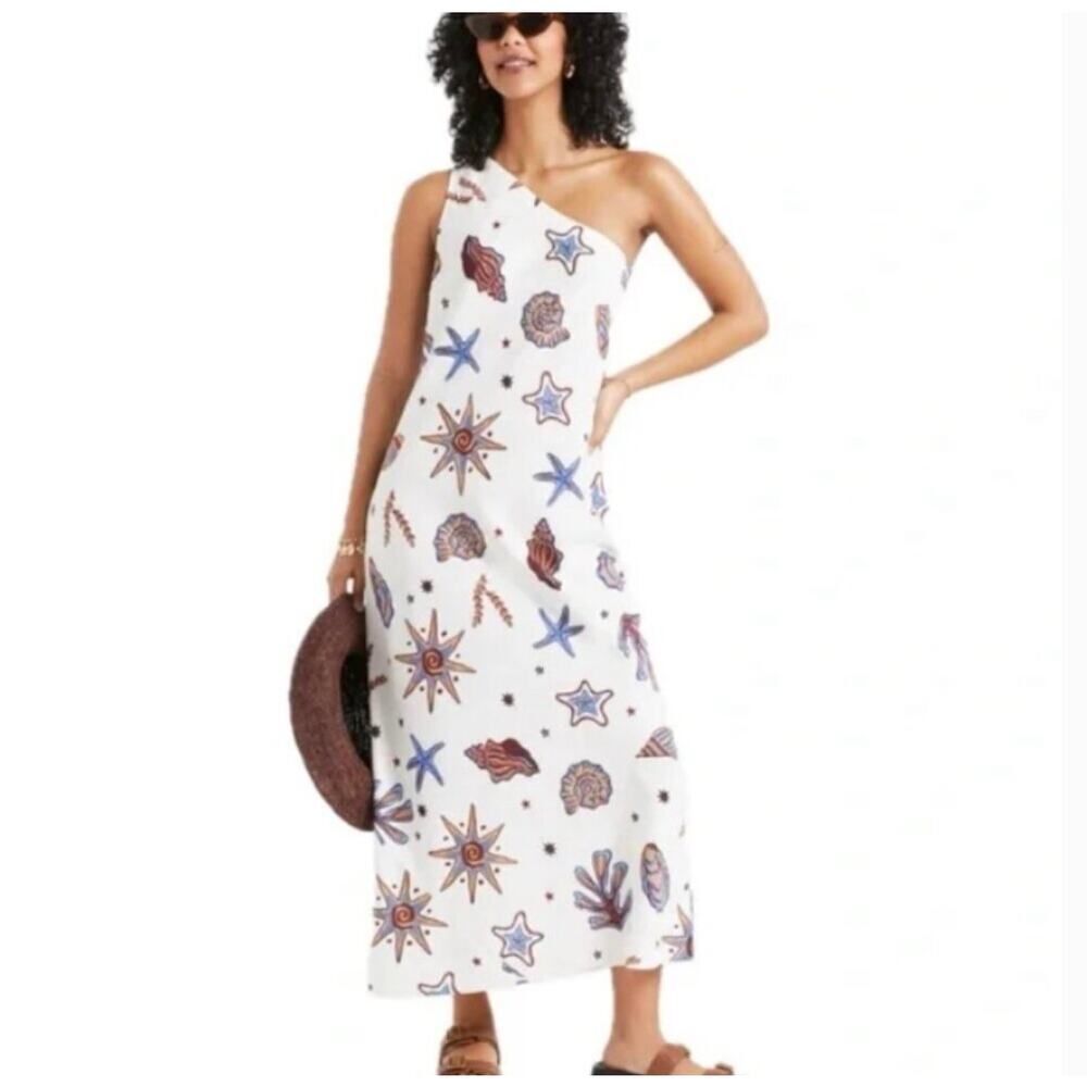 C&C Linen Blend Nautical Seashell One Shoulder Maxi Dress Size Small